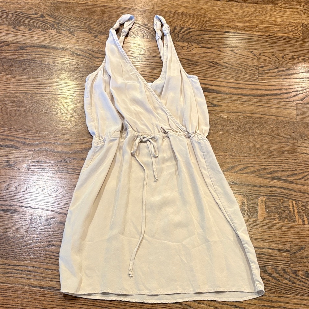 Rory Beca Light Beige Knot-Shoulder deep vneck 100% silk  Dress, xS